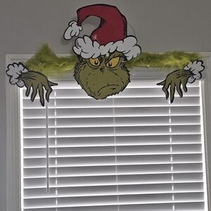 Grinch Holiday Window Decoration with Santa Hat